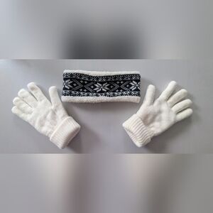Set Of 2: GMI Winter Black Argyle Snowflake Fuzzy Headband & Thick White Gloves.